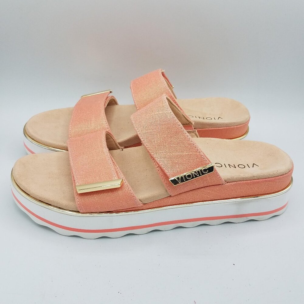 Vionic Brandie Sandals Womens 11 Papaya Met Linen Platform Slide Double Strap